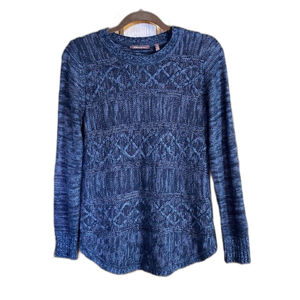 525 America Speckled Cable Knit Sweater Womens M Blue Cozy Lightweight Nautical
